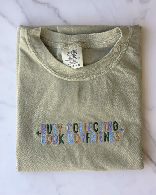 Busy Collecting Book Boyfriends T-Shirt | Embroidered Comfort Colors Tee