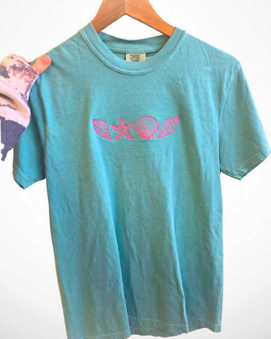 Pink and Teal Seashells T-Shirt | Embroidered Comfort Colors Tee (RTS)