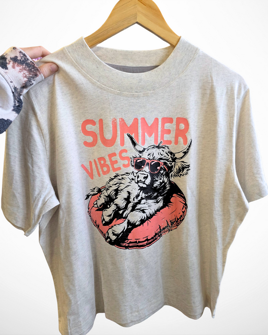Summer Vibes Highland Cow Long Boxy Cropped T-Shirt | Long Crop Tee (RTS)