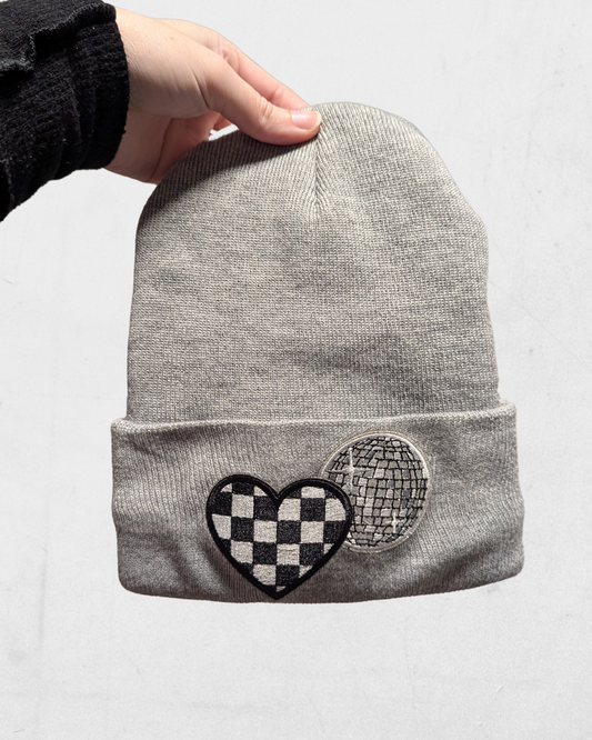 Disco Ball Checkered Heart Beanie | *CUSTOM HAT BAR* (RTS)
