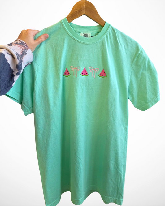 Bows & Watermelon T-Shirt | Embroidered Comfort Colors Tee (RTS)