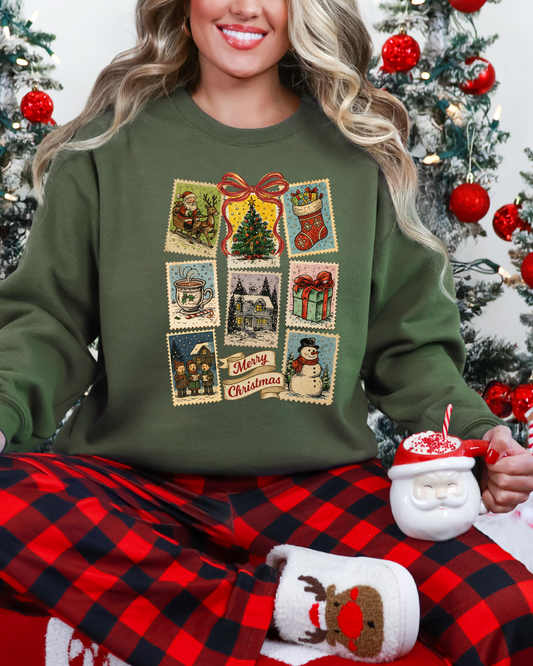 Retro Christmas Stamps Crewneck Sweatshirt | Stamps Holiday Sweatshirt (RTS)