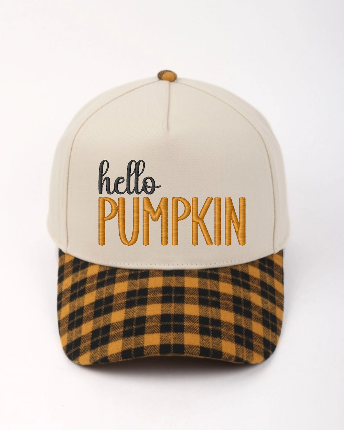 Hello Pumpkin Hat | Embroidered Hat | Plaid Bill Canvas Hat
