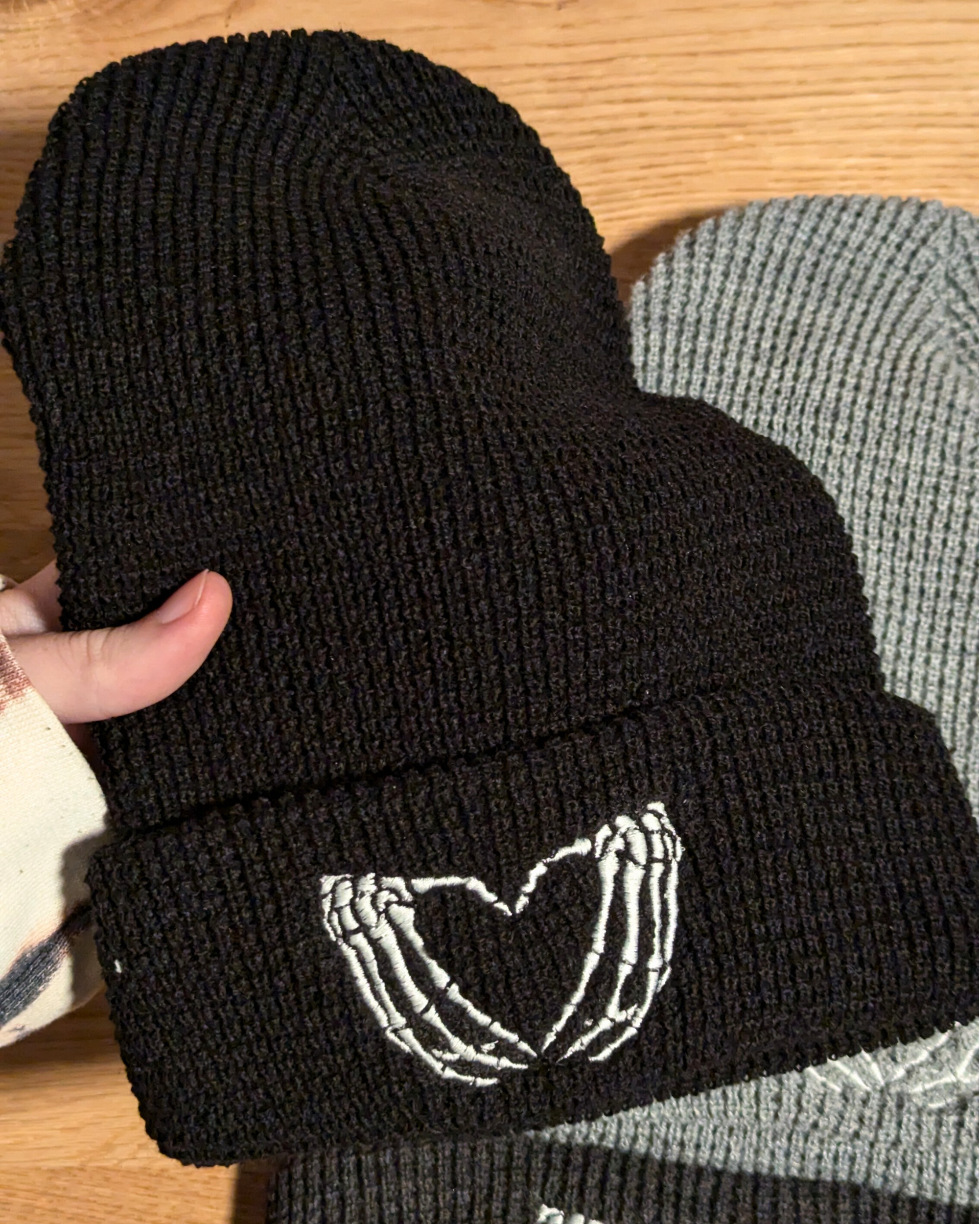 Skelly Heart Hands Embroidered Waffle Knit Beanie (RTS)