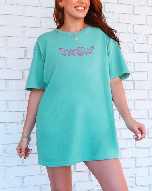 Pink and Teal Seashells T-Shirt | Embroidered Comfort Colors Tee (RTS)