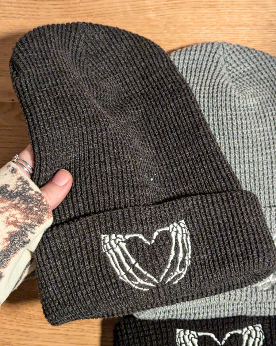 Skelly Heart Hands Embroidered Waffle Knit Beanie (RTS)