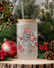 Skeleton Drinking Coffee Winter Floral Cup - 16oz Glass