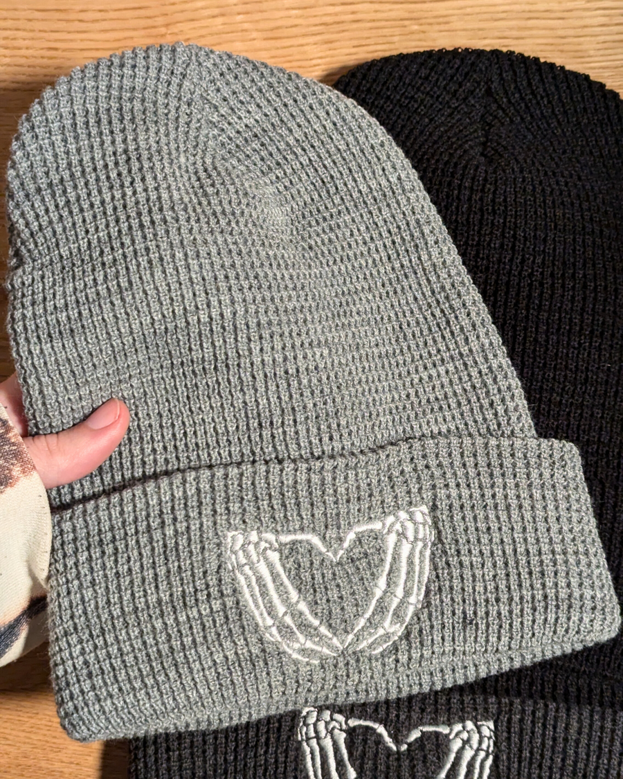 Skelly Heart Hands Embroidered Waffle Knit Beanie (RTS)