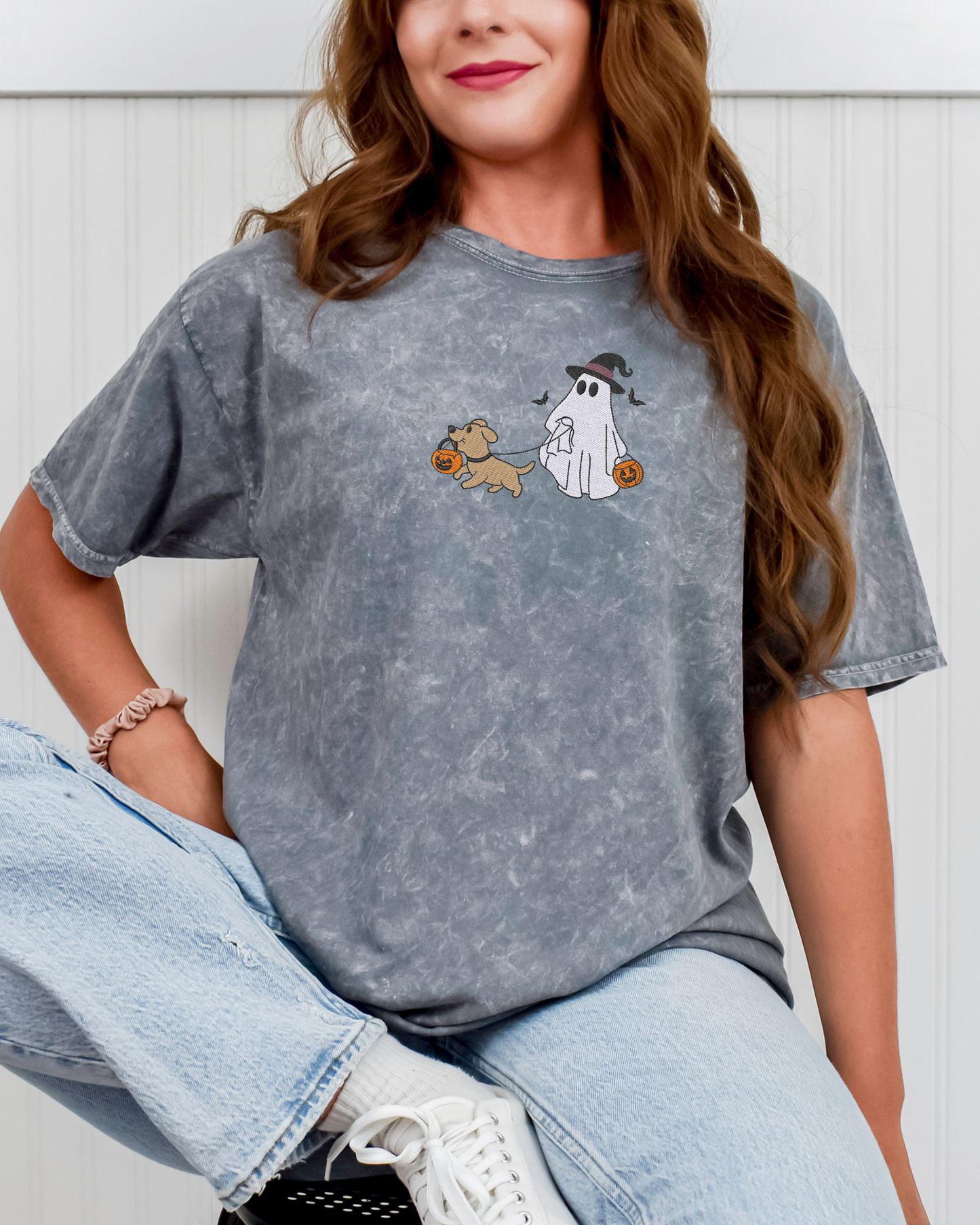 Ghostie with Her Dog Halloween Shirt | Embroidered Mineral Washed Tee (RTS)