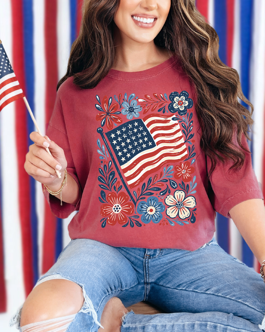PRE-ORDER: Floral American Flag Shirt | Comfort Colors 4th of July Tee