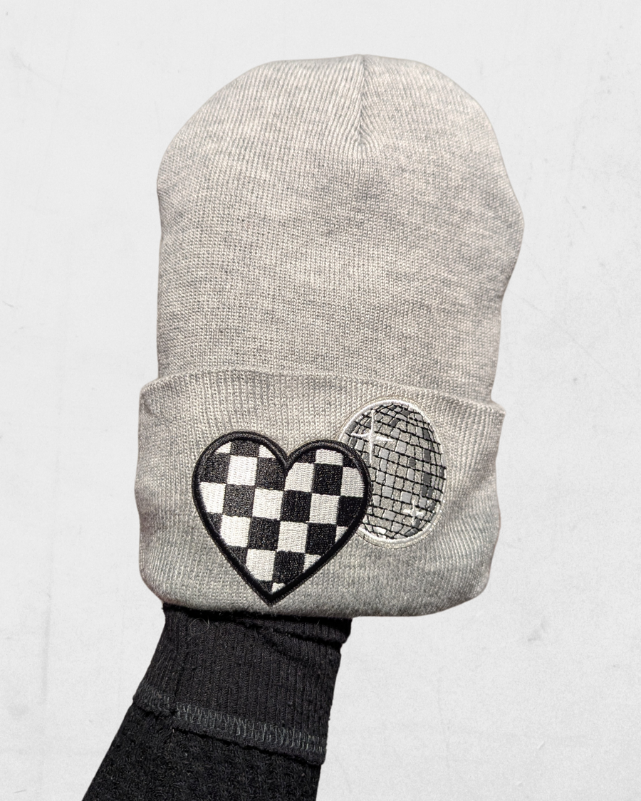 Disco Ball Checkered Heart Beanie - *CUSTOM HAT BAR* (RTS)