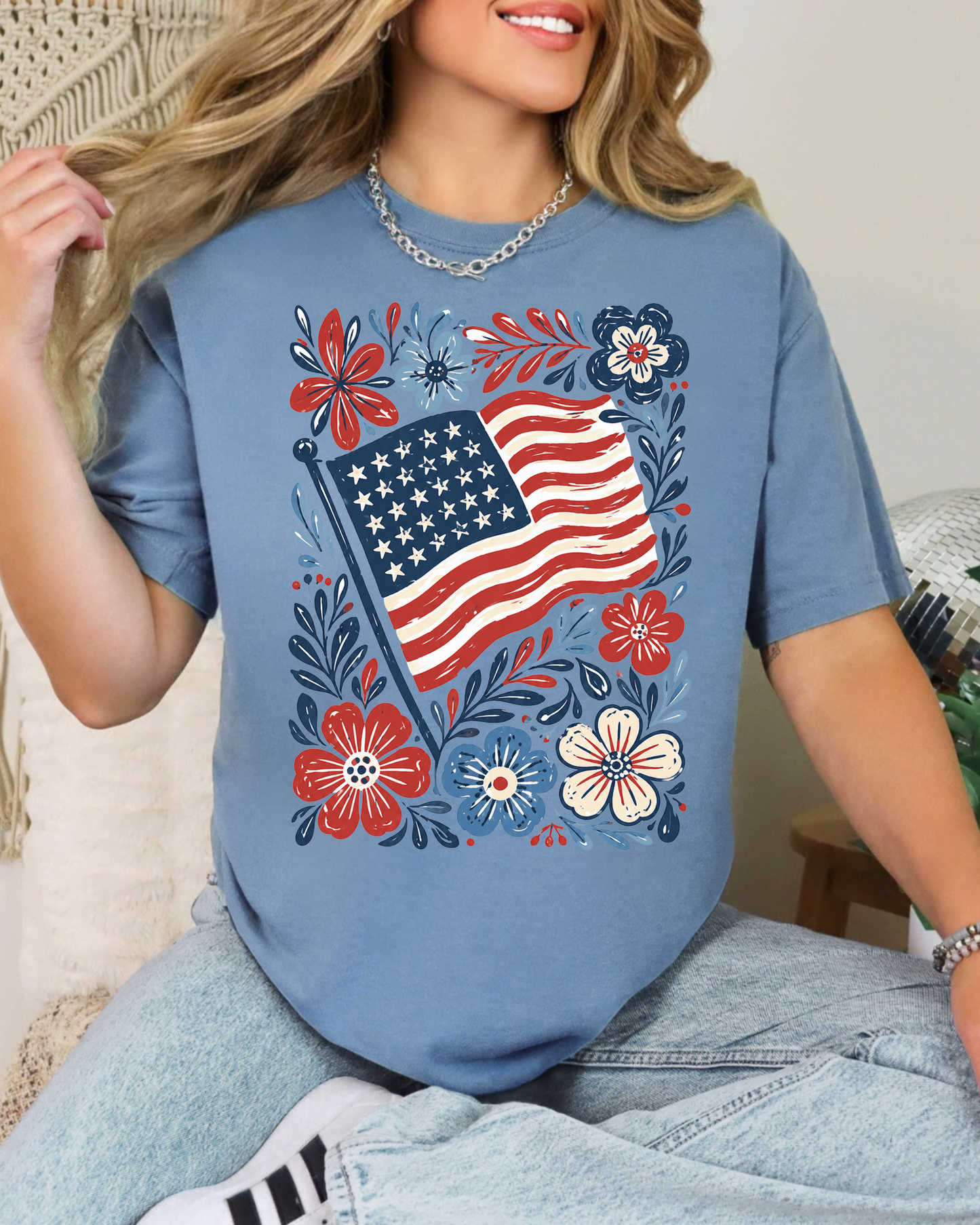 PRE-ORDER: Floral American Flag Shirt | Comfort Colors 4th of July Tee