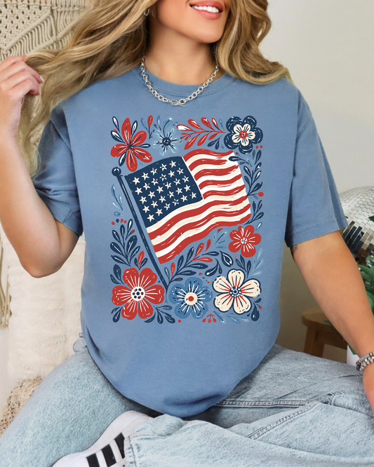 PRE-ORDER: Floral American Flag Shirt | Comfort Colors 4th of July Tee