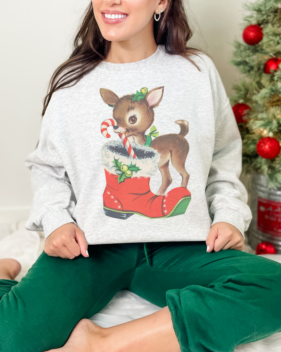 Retro Reindeer & Stocking Christmas Crewneck Sweatshirt (RTS)