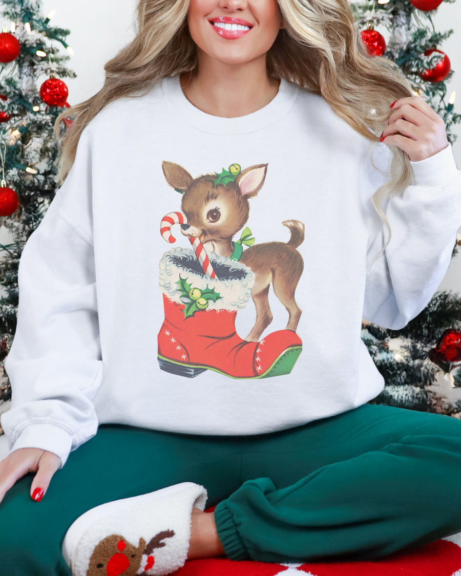 Retro Reindeer & Stocking Christmas Crewneck Sweatshirt