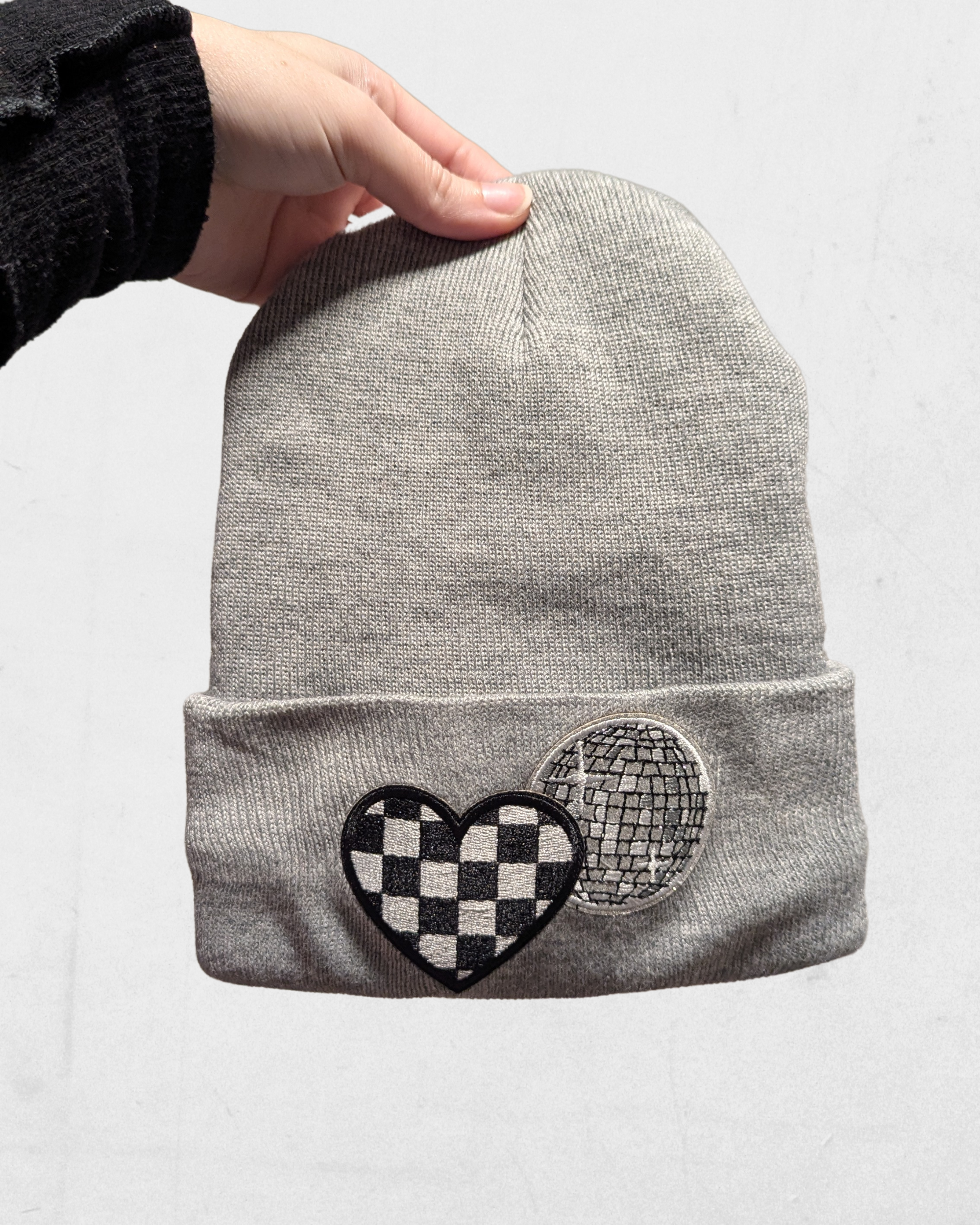 Disco Ball Checkered Heart Beanie - *CUSTOM HAT BAR* (RTS)