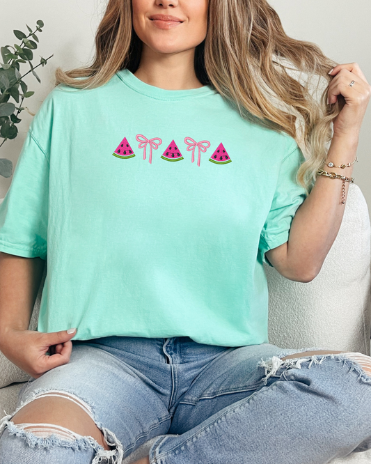 Bows & Watermelon T-Shirt | Embroidered Comfort Colors Tee (RTS)