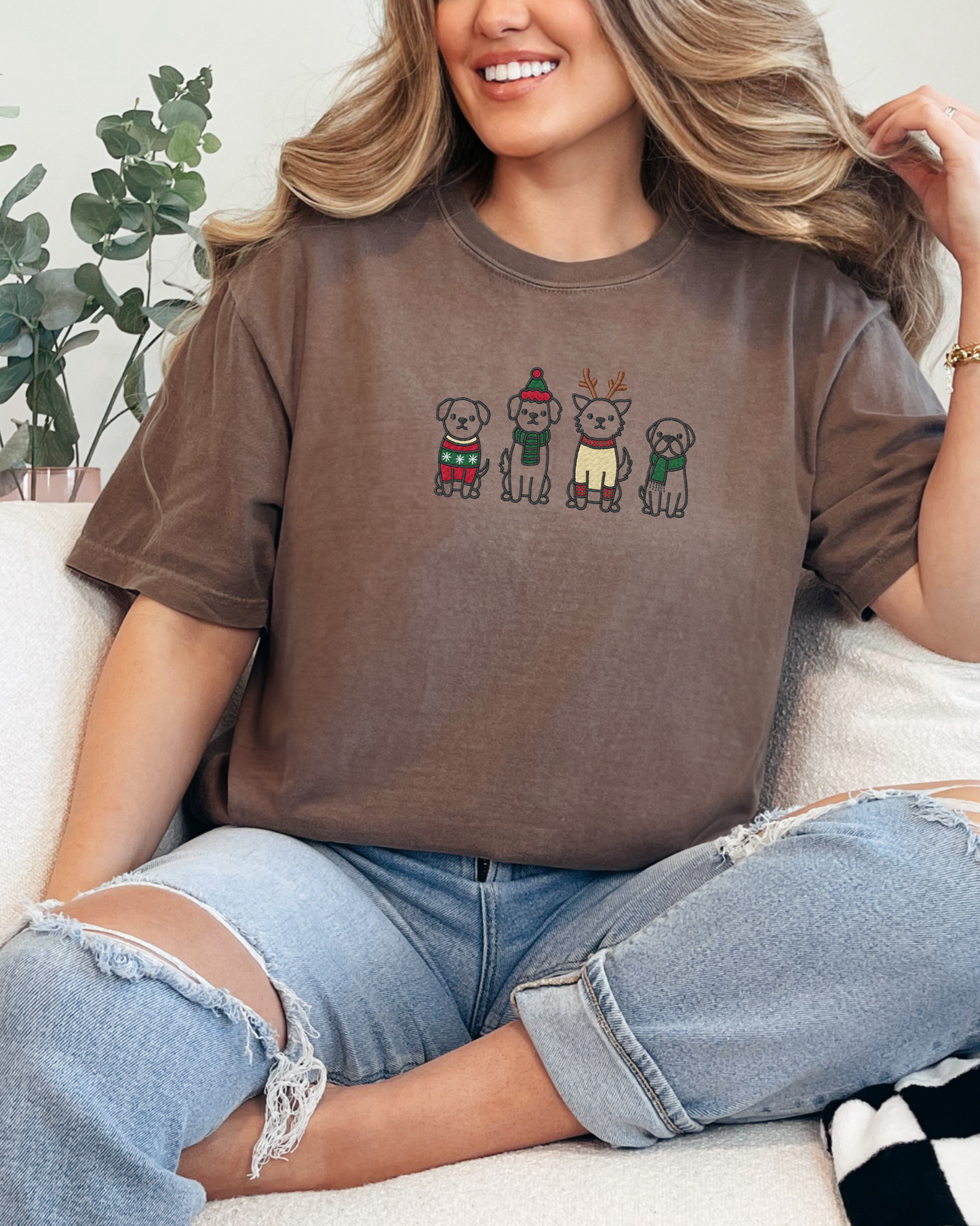 Holiday Dogs Embroidered Shirt | Embroidered Comfort Colors Tee