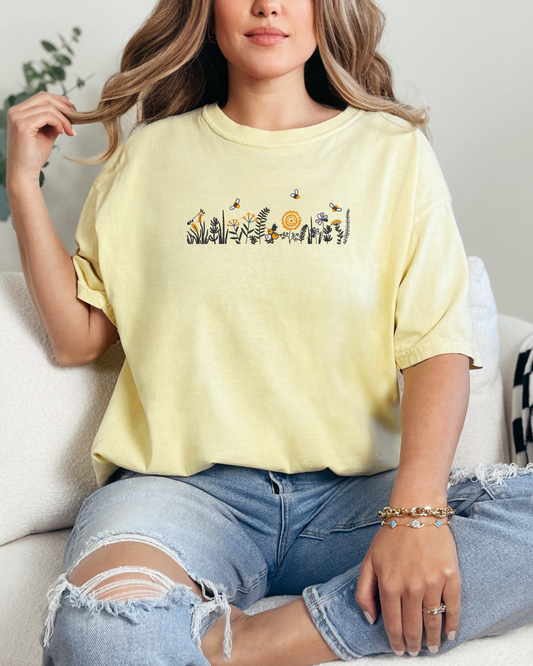 Floral Bee T-Shirt | Embroidered Comfort Colors Tee (RTS)
