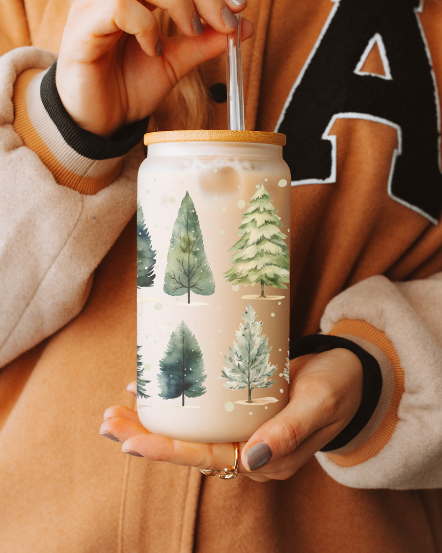 Snowy Pine Trees Christmas Cup - 16oz Glass