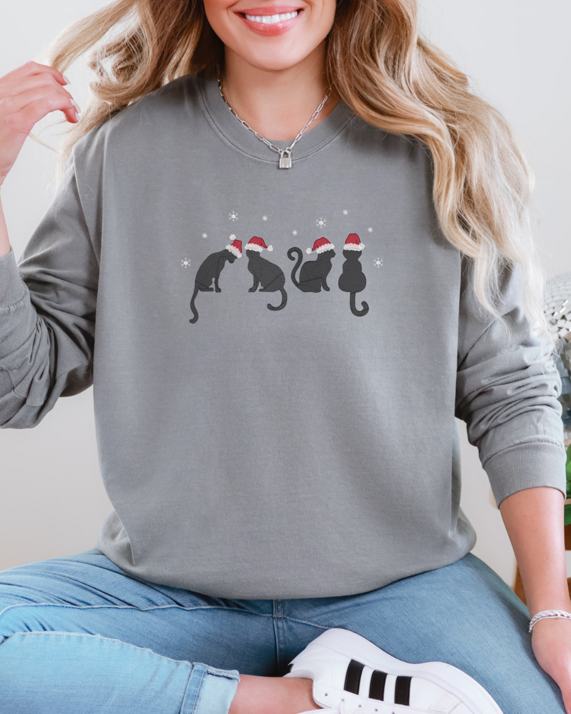 Christmas Cats Embroidered Comfort Colors Long Sleeve Shirt