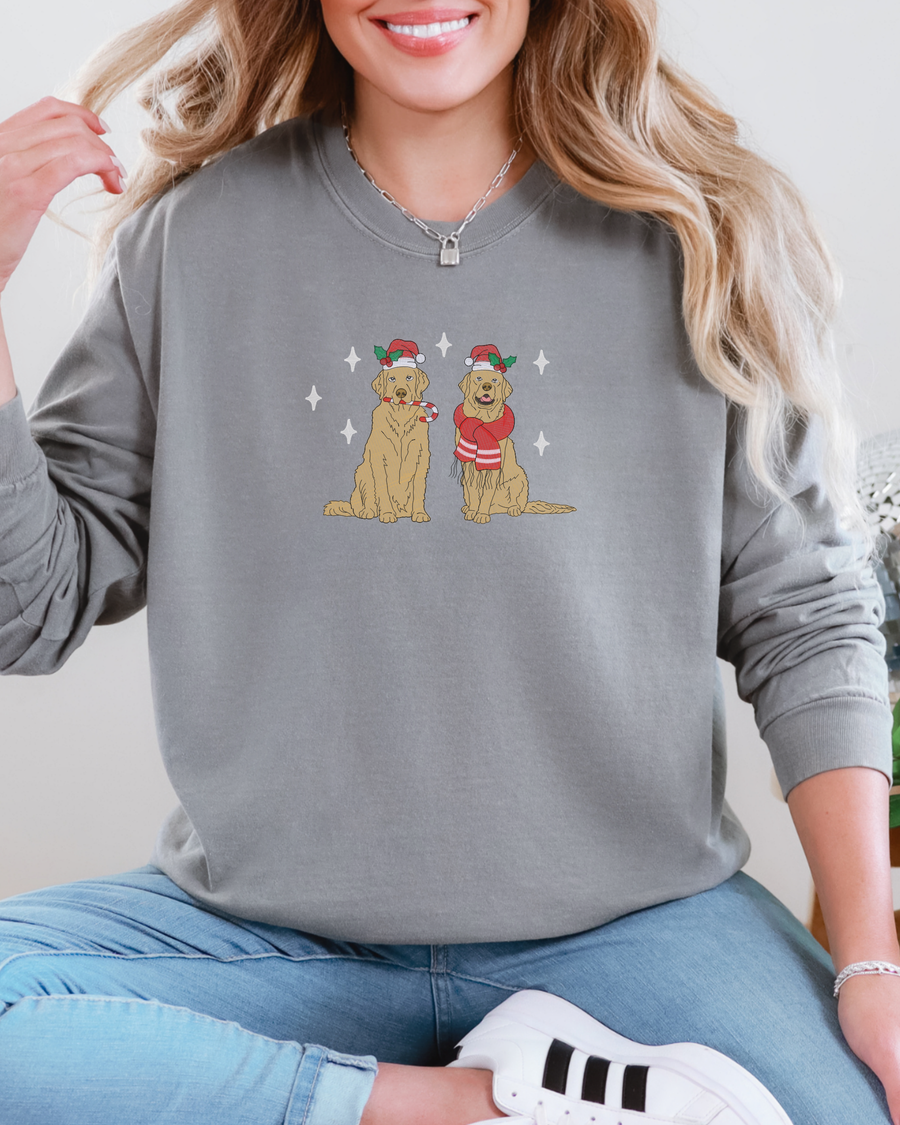 Christmas Dogs Embroidered Comfort Colors Long Sleeve Shirt