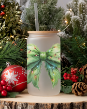 Green Bow & Lights Christmas Cup - 16oz Glass