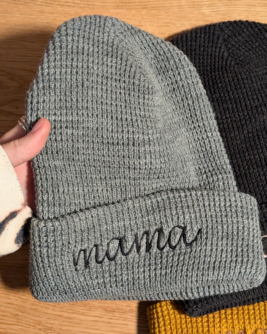 Mama Embroidered Waffle Knit Beanie (RTS)