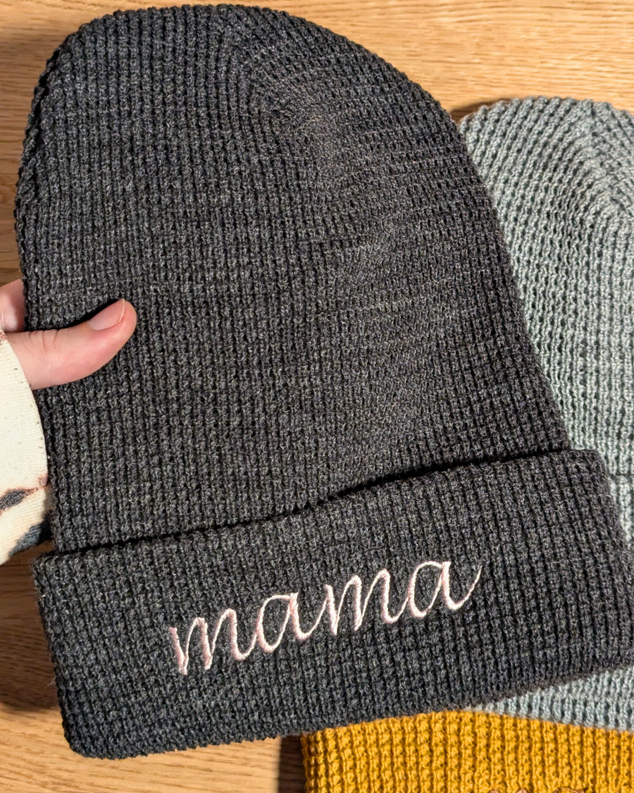 Mama Embroidered Waffle Knit Beanie (RTS)