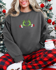 Green Christmas Heart Hands Embroidered Crewneck Sweatshirt