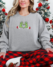 Green Christmas Heart Hands Embroidered Crewneck Sweatshirt