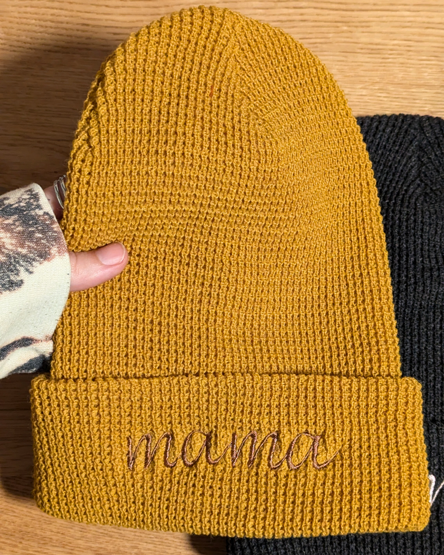 Mama Embroidered Waffle Knit Beanie (RTS)