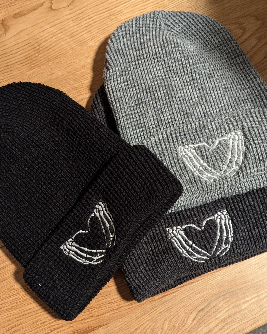 Skelly Heart Hands Embroidered Waffle Knit Beanie (RTS)