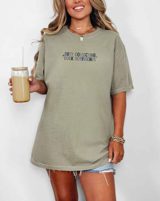 Busy Collecting Book Boyfriends T-Shirt | Embroidered Comfort Colors Tee
