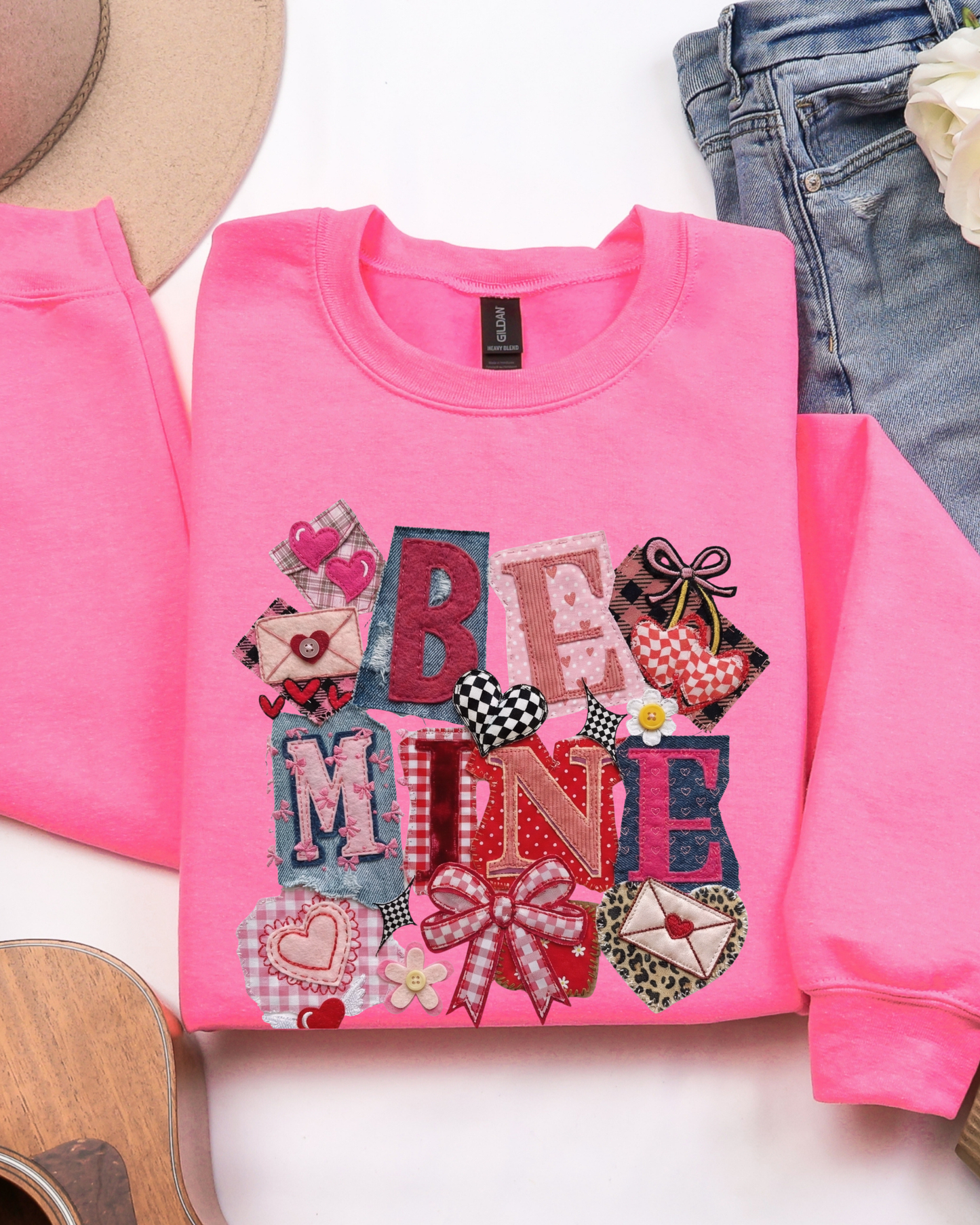Faux Patchwork Be Mine Crewneck Sweatshirt | Valentine's Sweatshirt