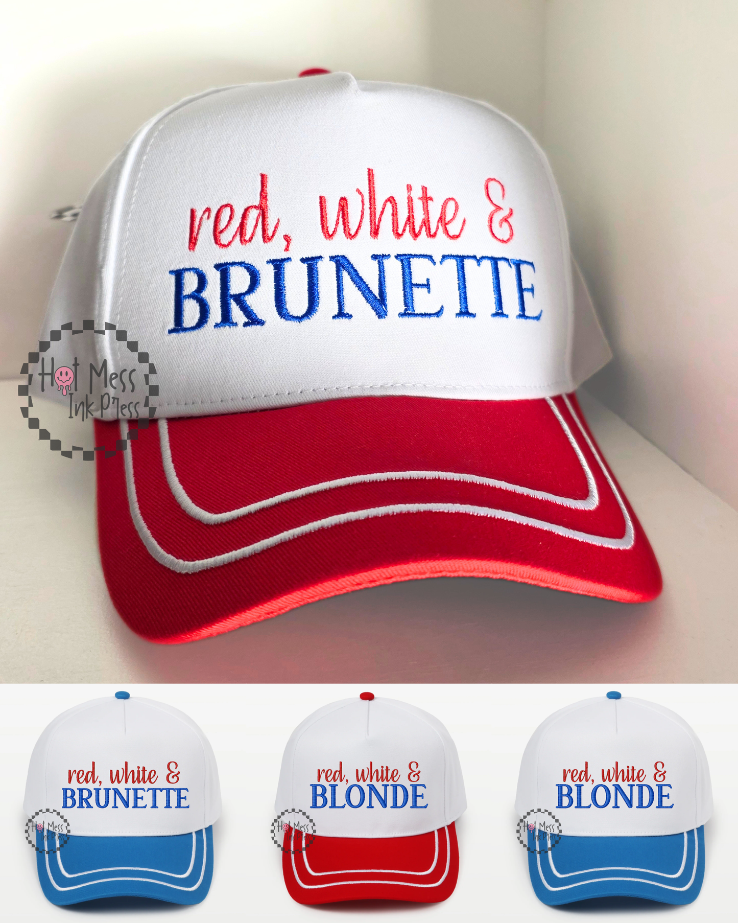 Red White & Blonde Hat | Red White & Brunette Hat | Embroidered 4th of July Hat