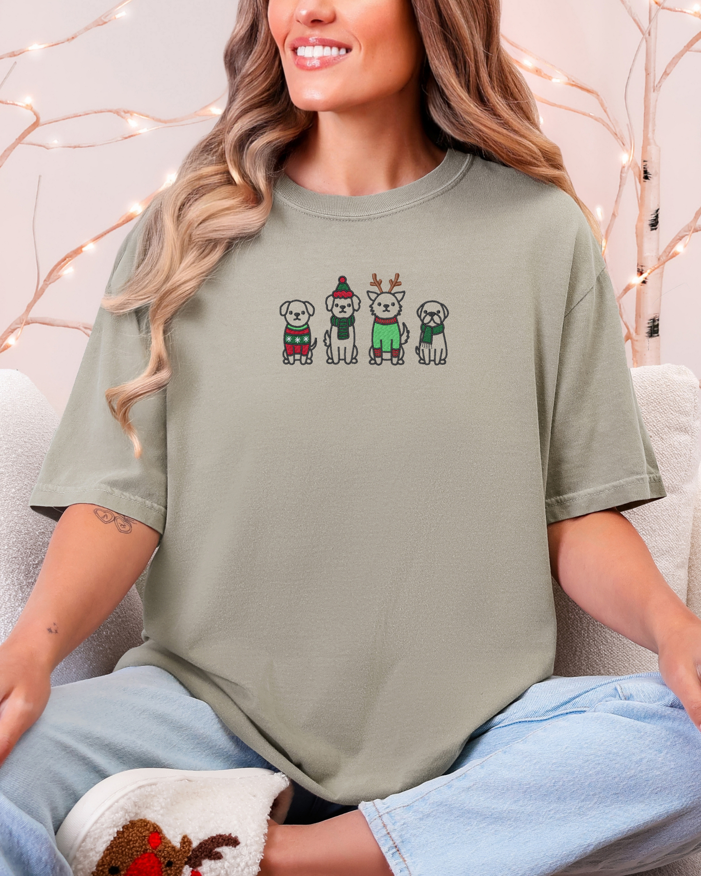 Holiday Dogs Embroidered Shirt | Embroidered Comfort Colors Tee