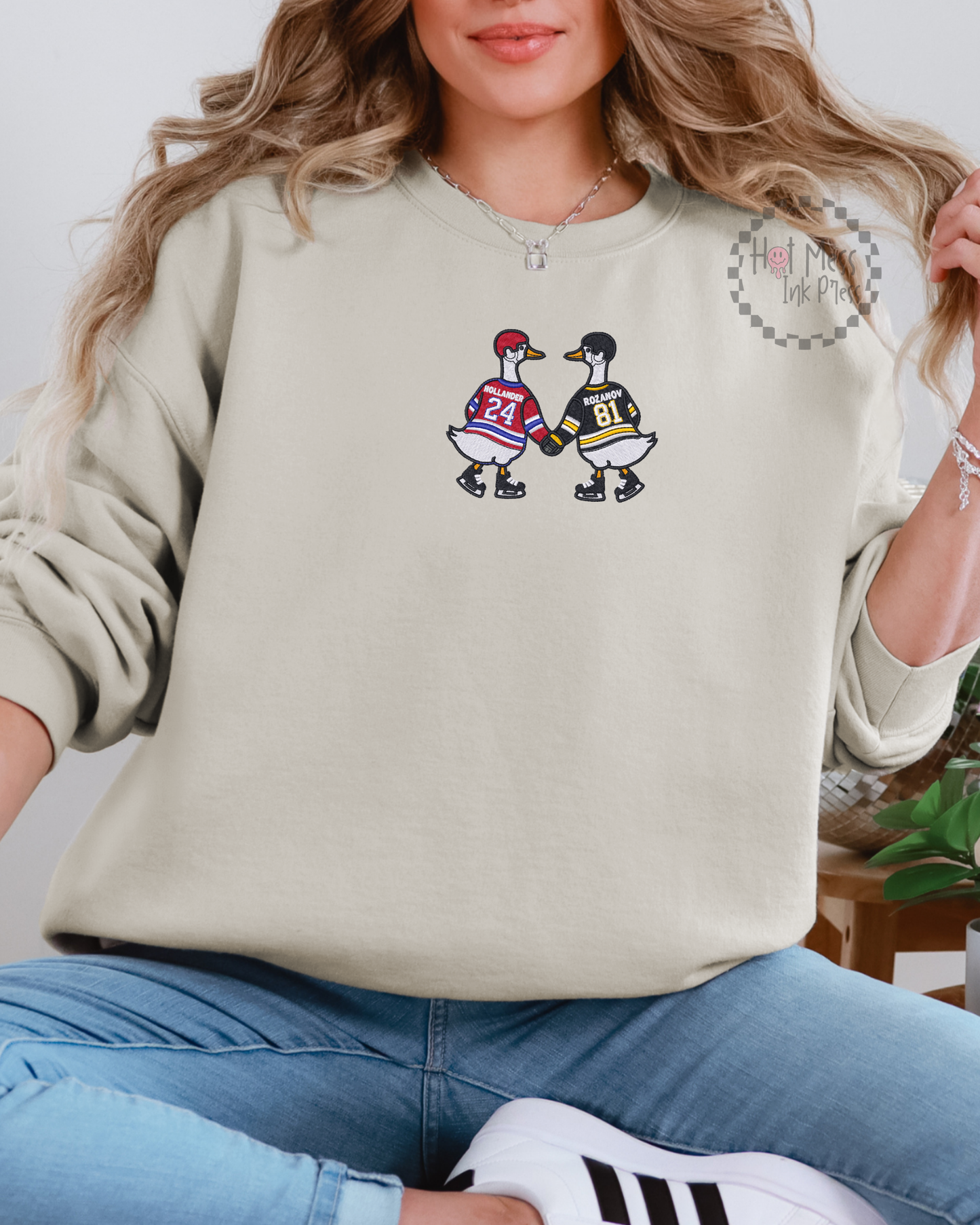 HR Inspired Hockey Goose Crewneck Sweatshirt | Bookish Embroidered Sweatshirt