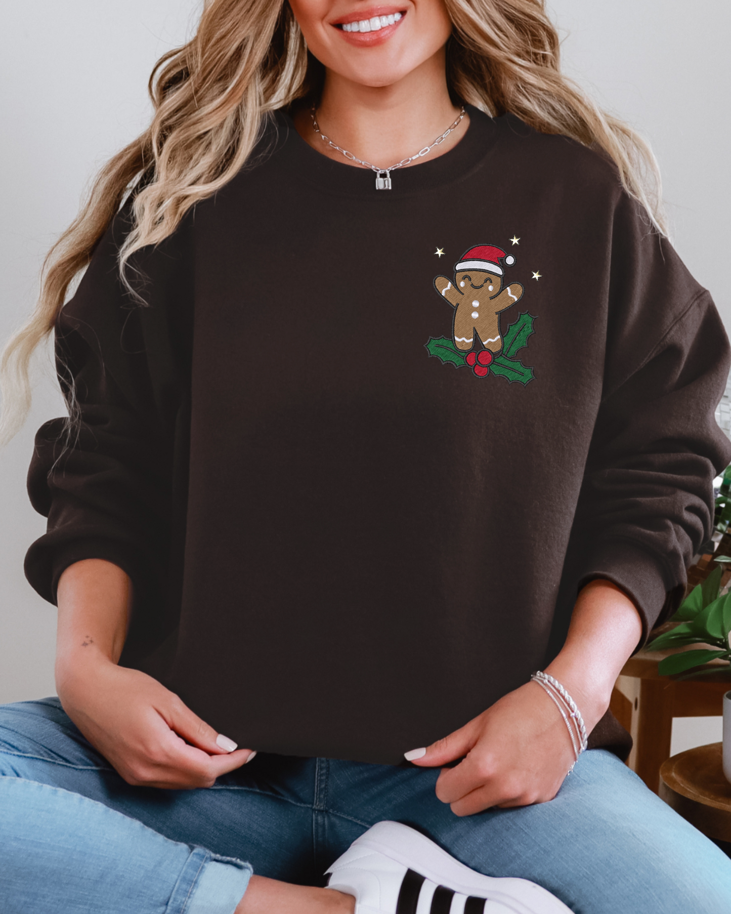 Gingerbread Holly Crewneck Sweatshirt | Embroidered Christmas Sweatshirt