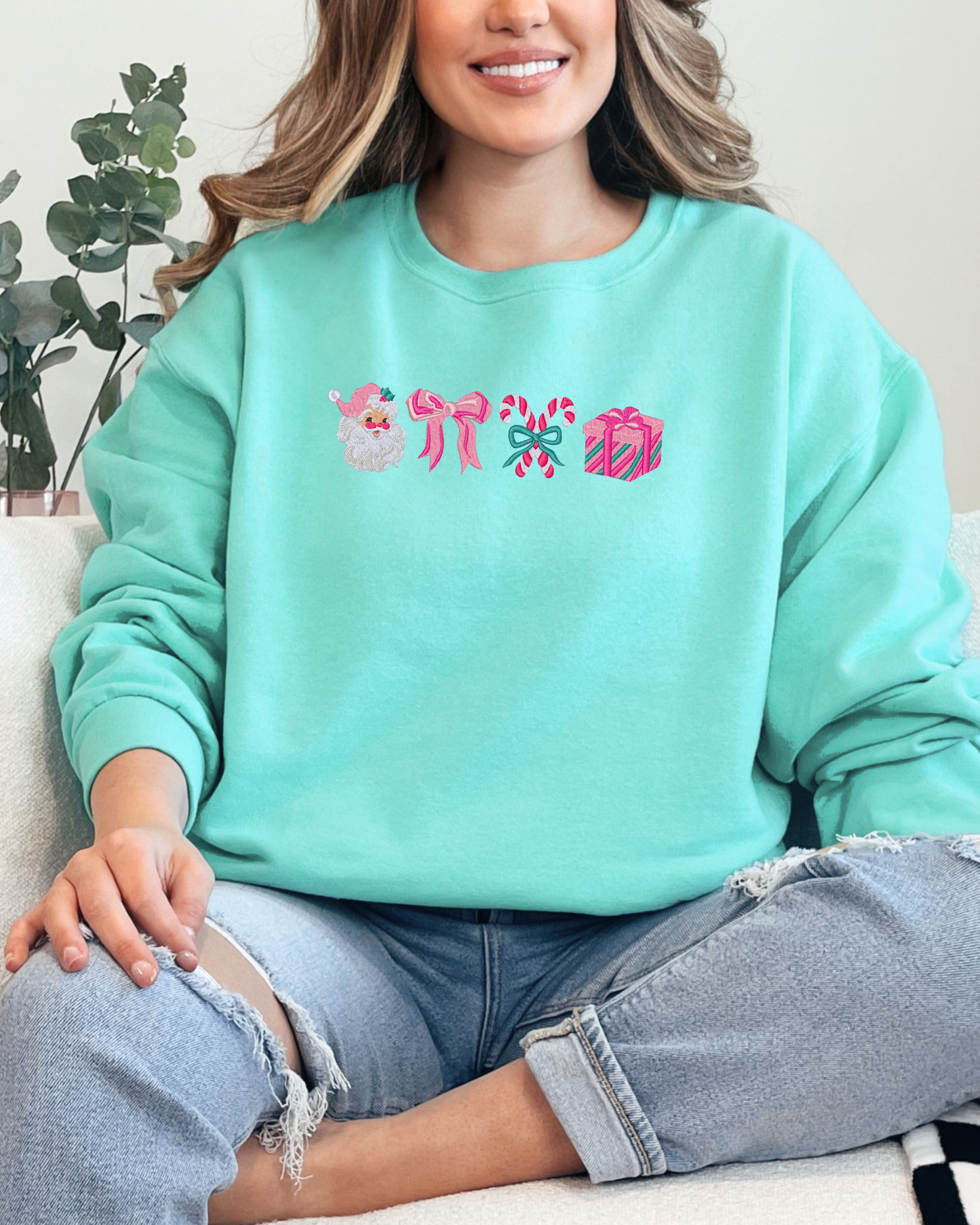Pink & Mint Christmas Crewneck Sweatshirt | Embroidered Christmas Sweatshirt