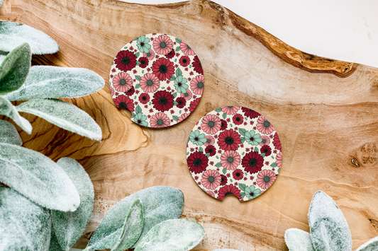 Car Coasters - Red and Green Floral