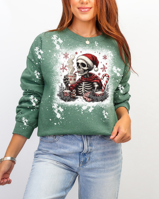 Skeleton Peppermint Coffee Winter Sweatshirt | Bleached Holiday Crewneck - Green