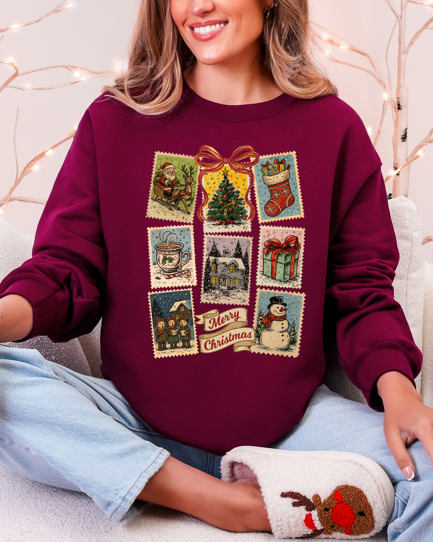 Retro Christmas Stamps Crewneck Sweatshirt | Stamps Holiday Sweatshirt