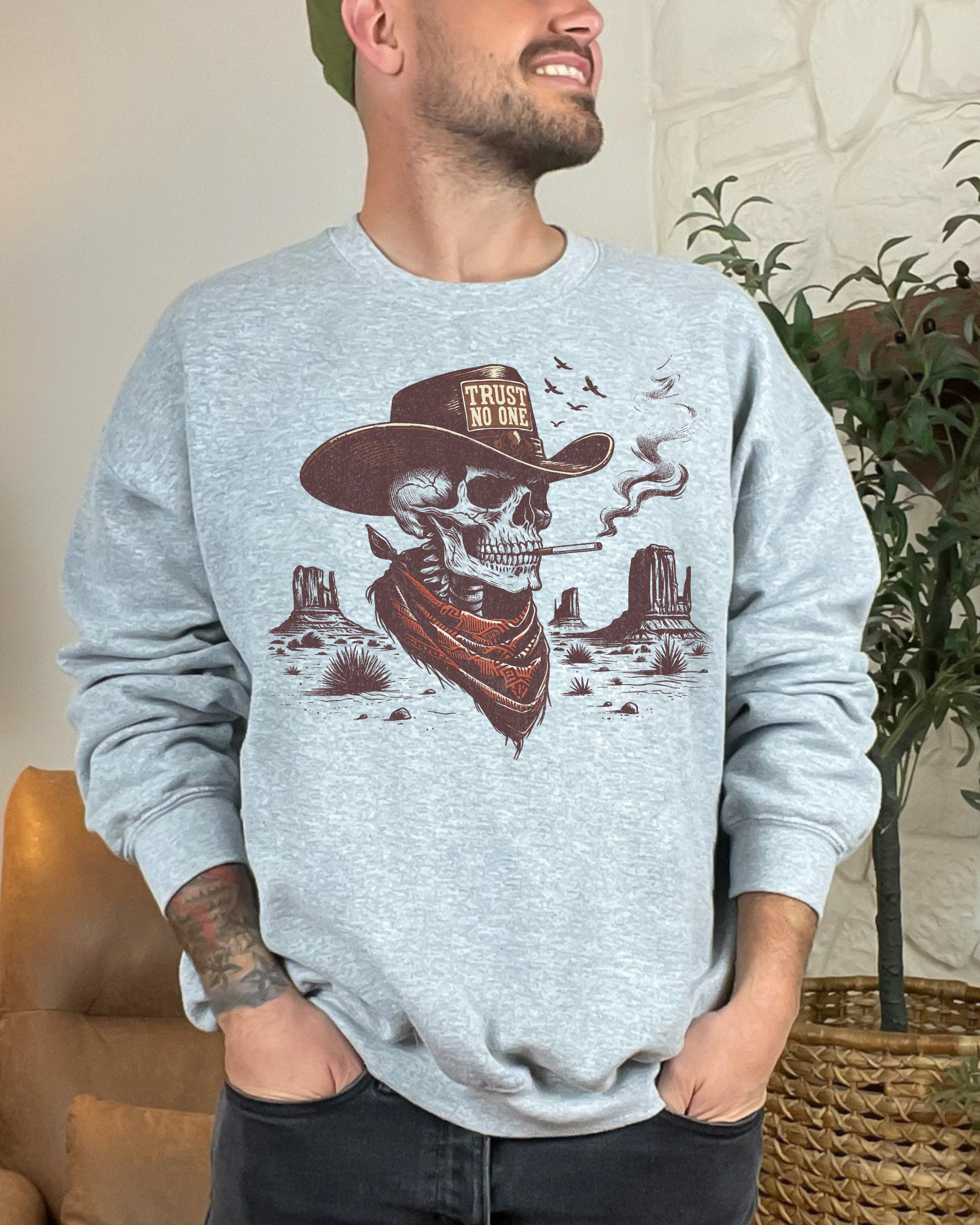 Trust No One Cowboy Skeleton Crewneck Sweatshirt