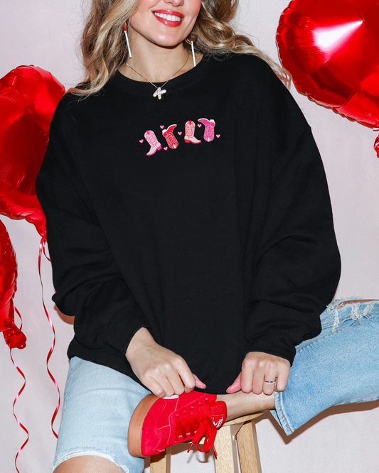 Love Boots Crewneck Sweatshirt | Western Valentine's Embroidered Sweatshirt
