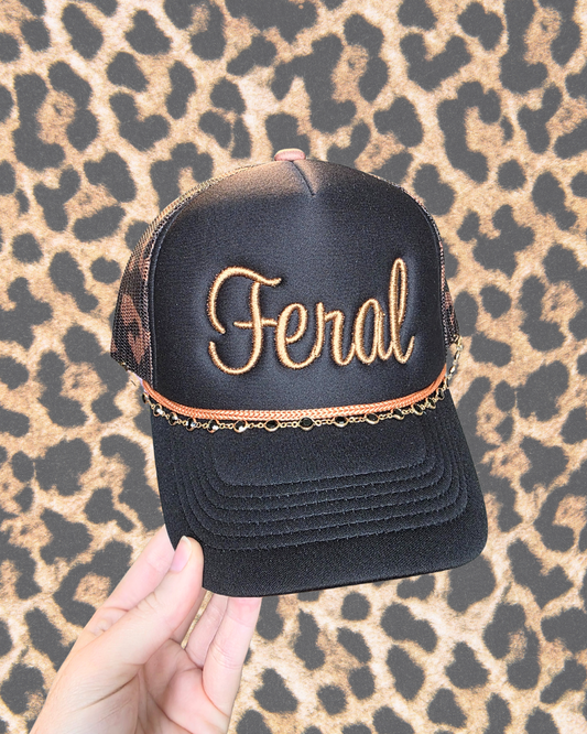 Feral Trucker Hat | 3D Puff Embroidered Hat | Cheetah Trucker Hat & Hat Chain