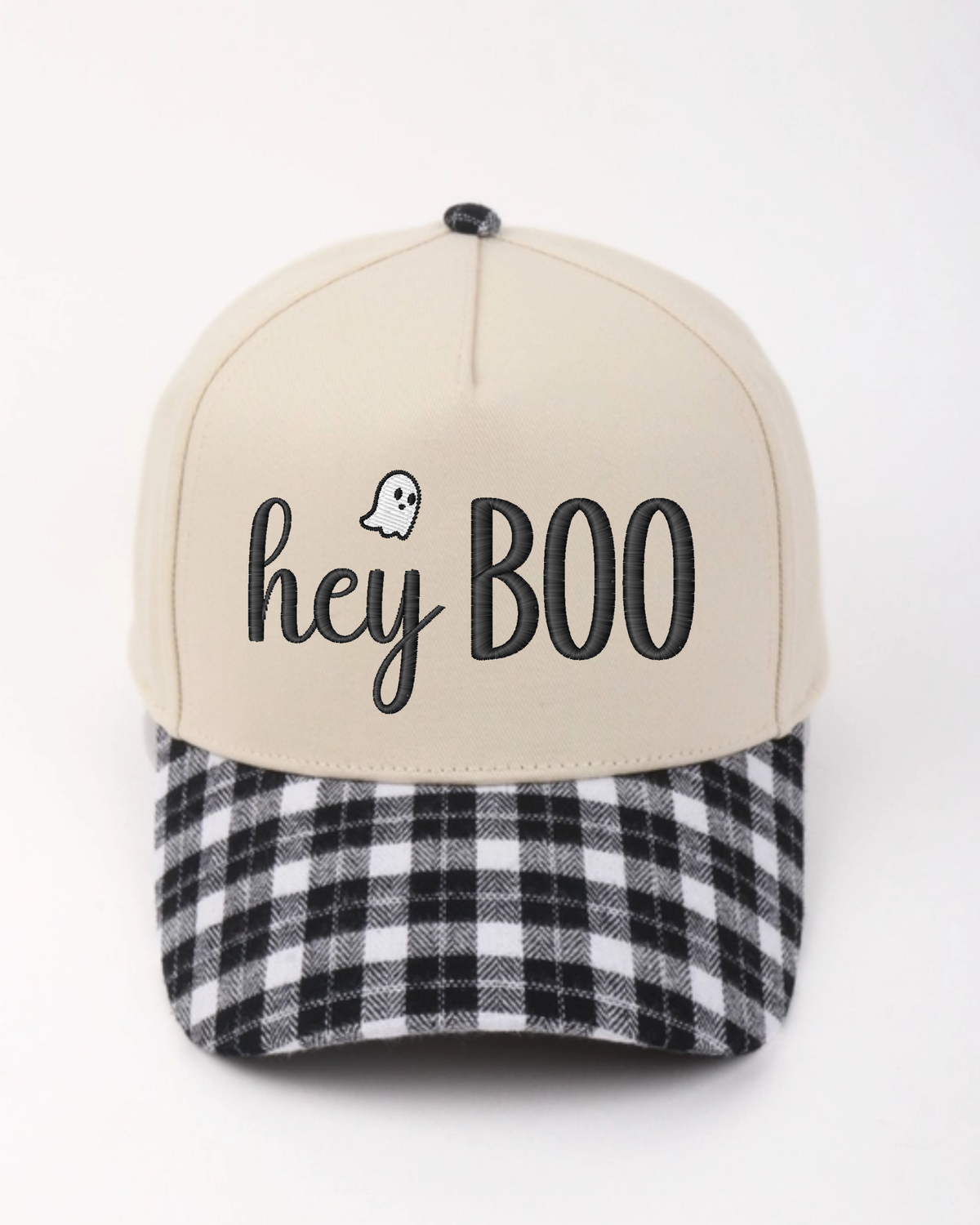 Hey Boo Spooky Season Hat | Embroidered Hat | Plaid Bill Canvas Hat