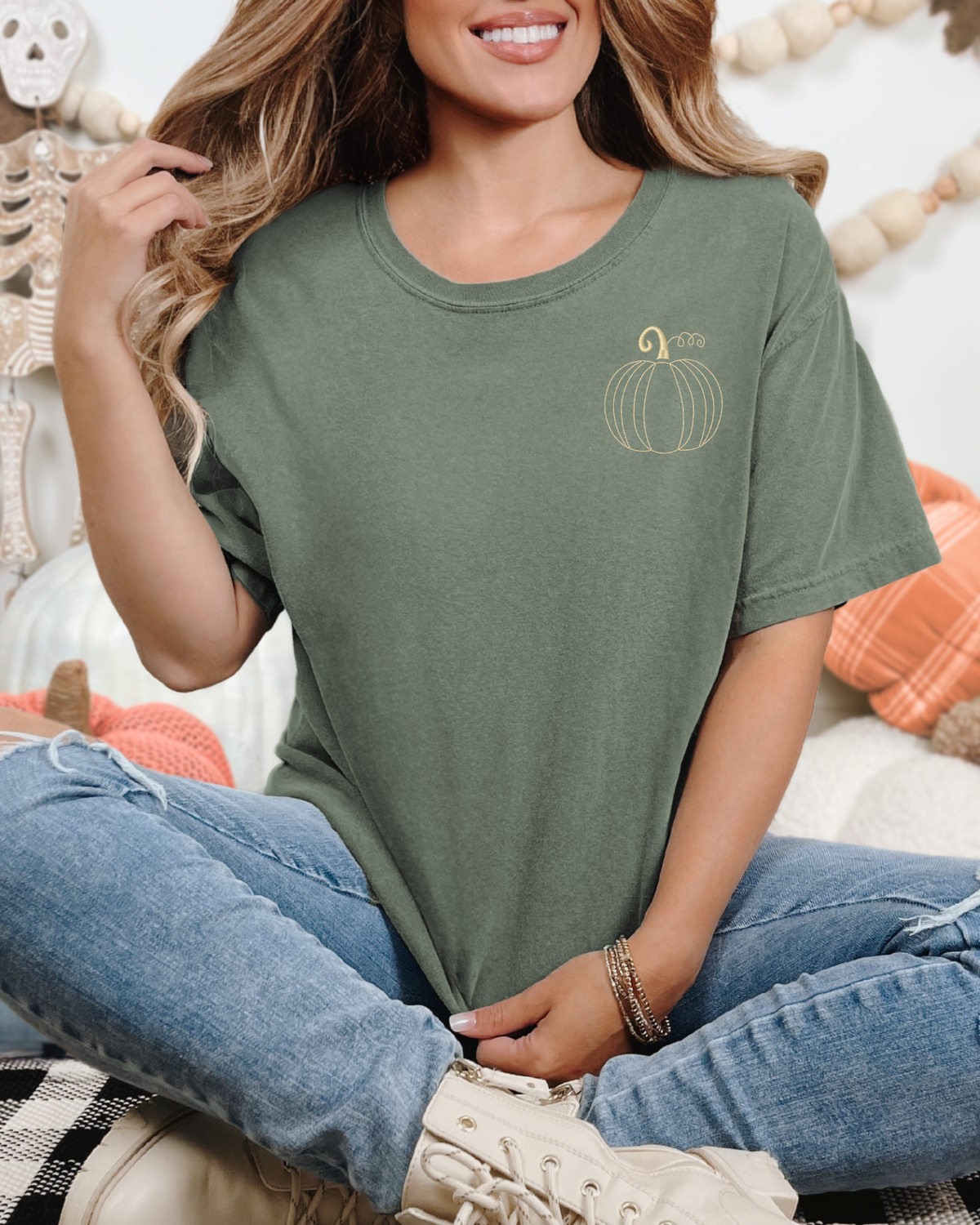 Simple Fall Pumpkin Shirt | Embroidered Comfort Colors Tee