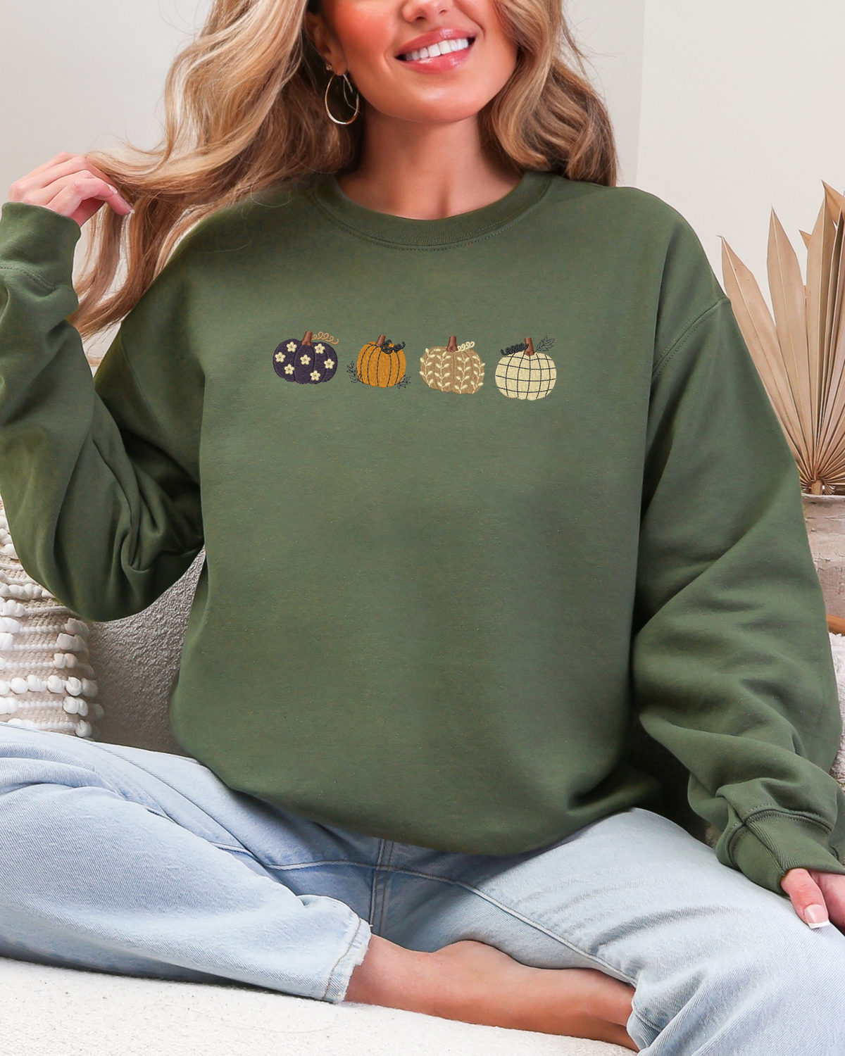 Fall Floral Pumpkins Crewneck Sweatshirt | Fall Embroidered Sweatshirt